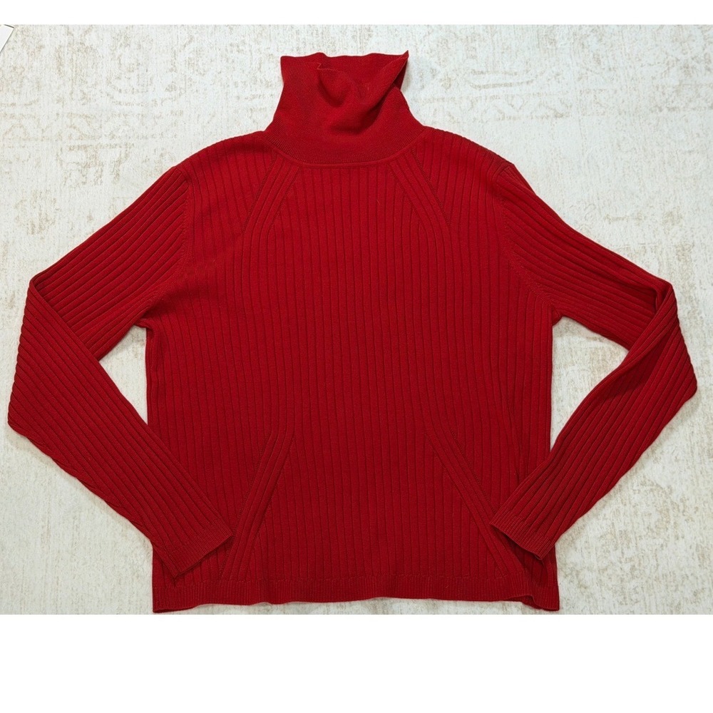 St. John Red Ribbed Knit Turtleneck Sweater Long Sleeve XL